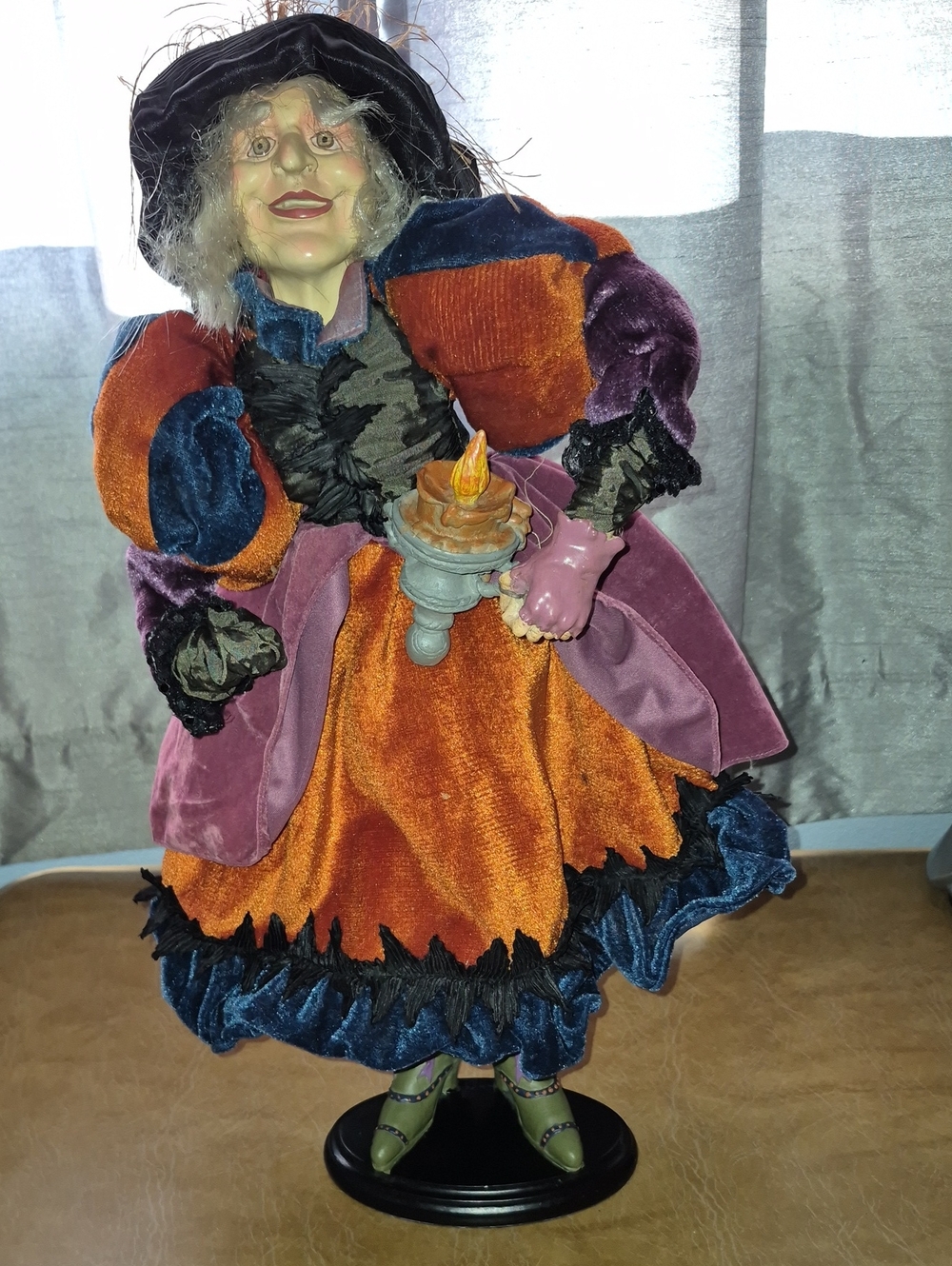 Folk Art Syle Decorative Posable Whimsical Halloween Witch Doll On Stand**